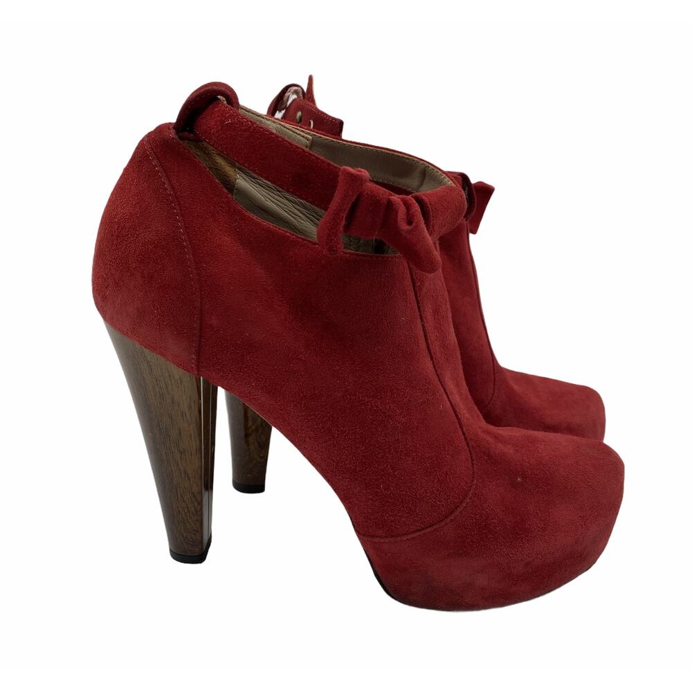 Tibi Red Suede Leather Platform Booties Bow Accent Ankle Strap Size 36 Side Zip